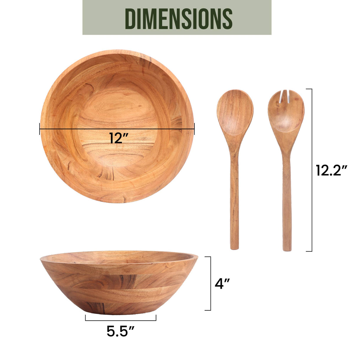 Large Wooden Salad Bowl, 12" Acacia Wood Bowl with Servers