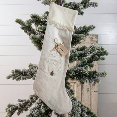 Stocking w/ Rustic Frayed Tree & Tag
