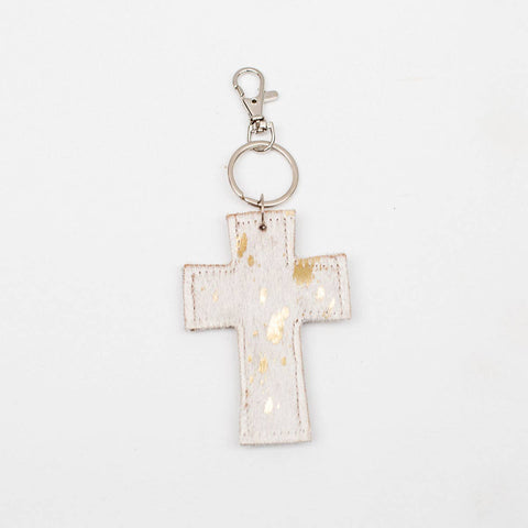 Cross Speckled Metallic Hide Keychain Clip | White/Gold |4"