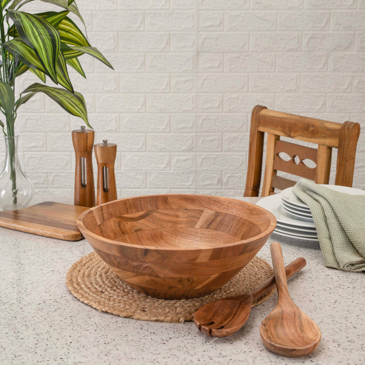 Large Wooden Salad Bowl, 12" Acacia Wood Bowl with Servers
