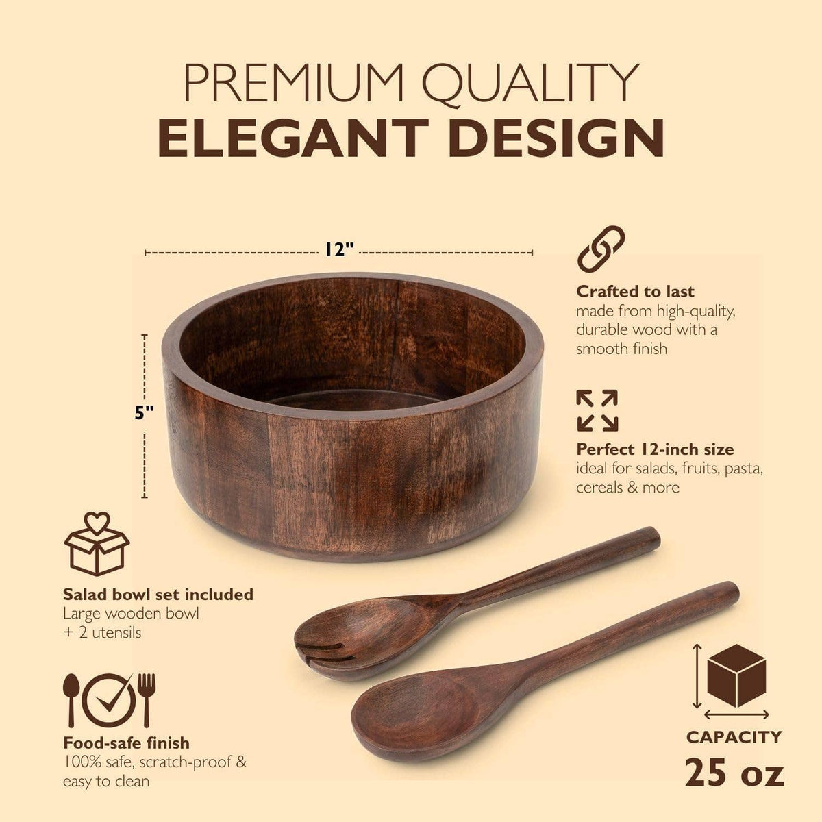 12" Dark Burnt Wooden Salad Bowl Set with Serving Utensils