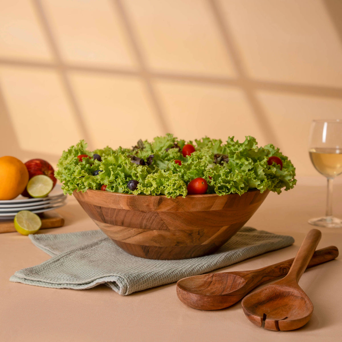 Large Wooden Salad Bowl, 12" Acacia Wood Bowl with Servers