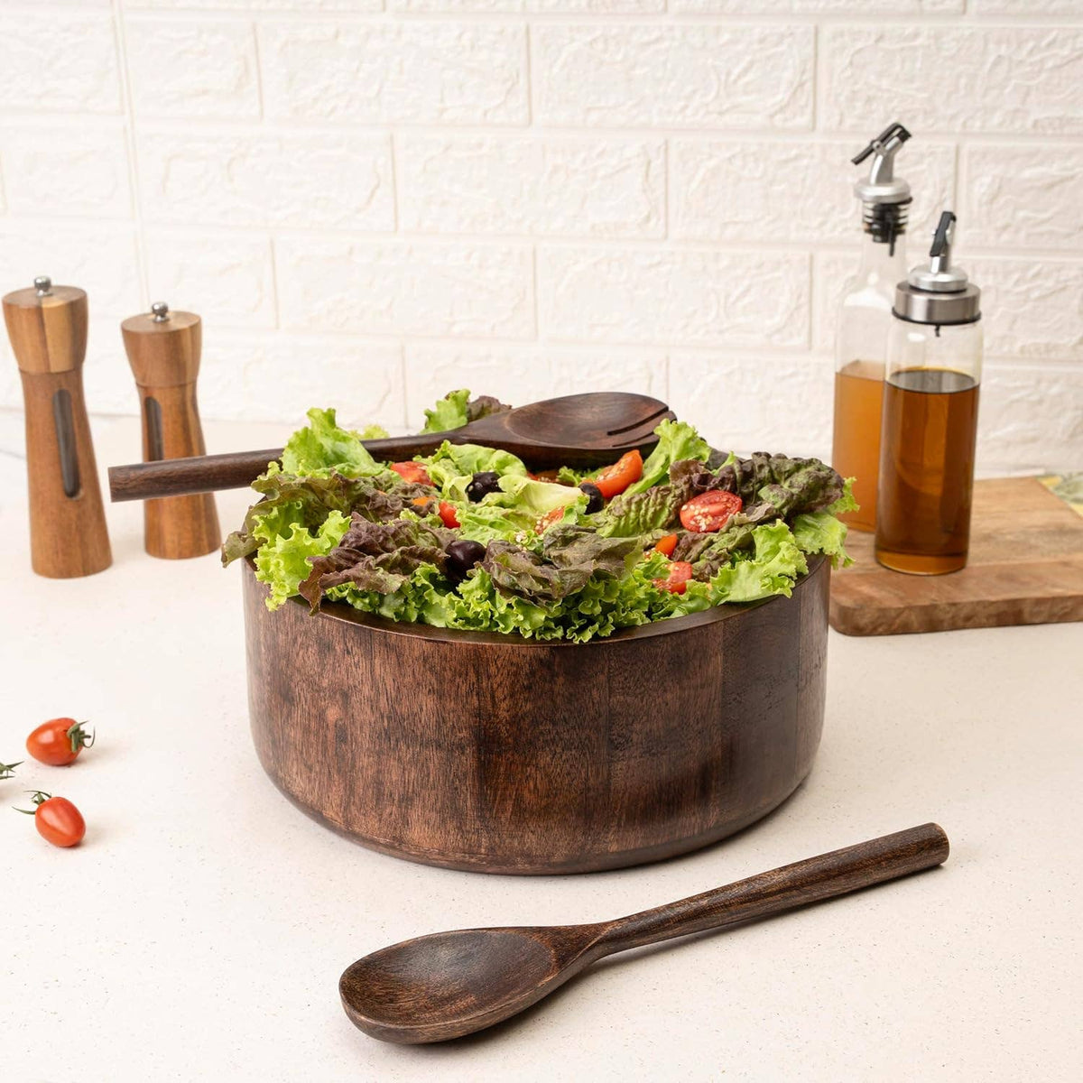 12" Dark Burnt Wooden Salad Bowl Set with Serving Utensils