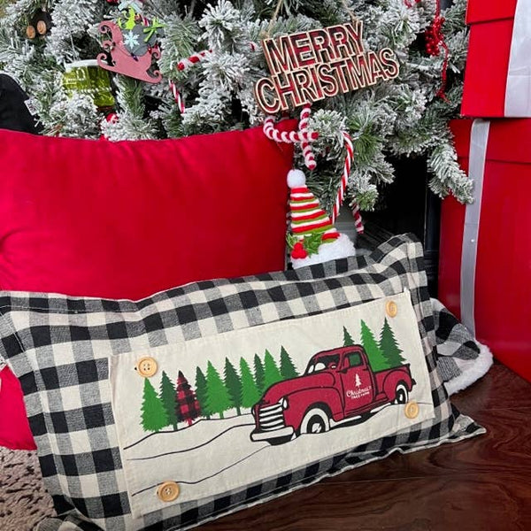 Holiday Panel: Winter, Vintage; Christmas PLAID TREE TRUCK