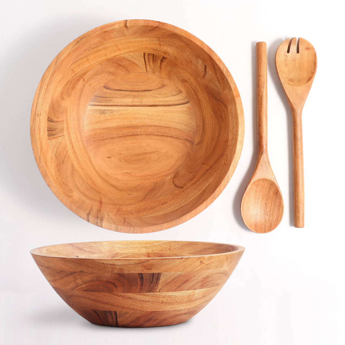 Large Wooden Salad Bowl, 12" Acacia Wood Bowl with Servers