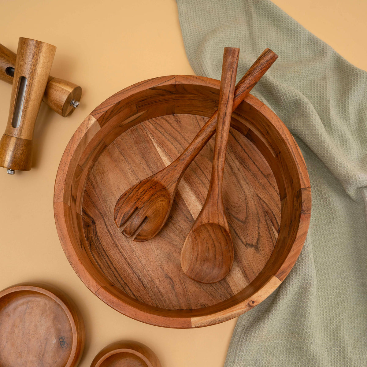 12" Wooden Salad Bowl Set with Serving Utensils by Luxe Designs - Eco-Friendly, Multipurpose Mixing & Serving Bowl for Salads, Pasta, Fruits & More – Durable & Stylish Kitchen Essential