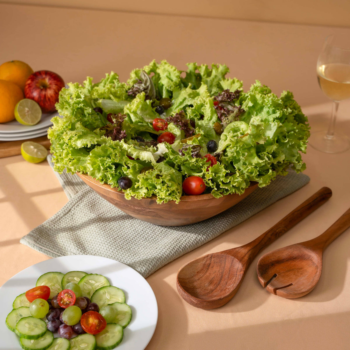 Large Wooden Salad Bowl, 12" Acacia Wood Bowl with Servers