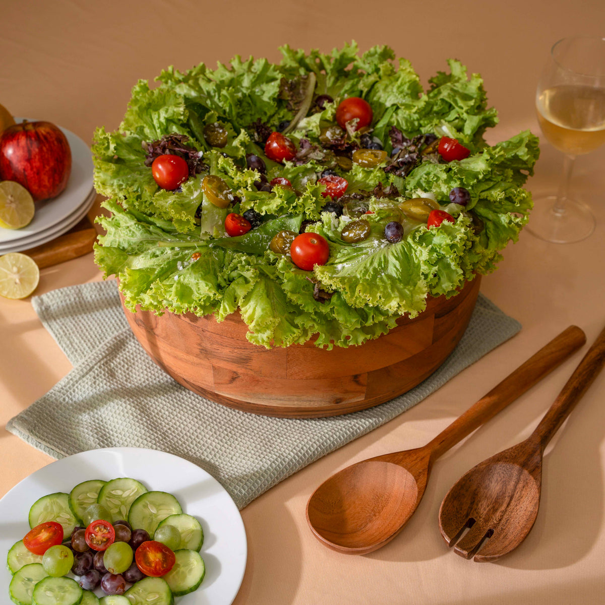 12" Wooden Salad Bowl Set with Serving Utensils by Luxe Designs - Eco-Friendly, Multipurpose Mixing & Serving Bowl for Salads, Pasta, Fruits & More – Durable & Stylish Kitchen Essential