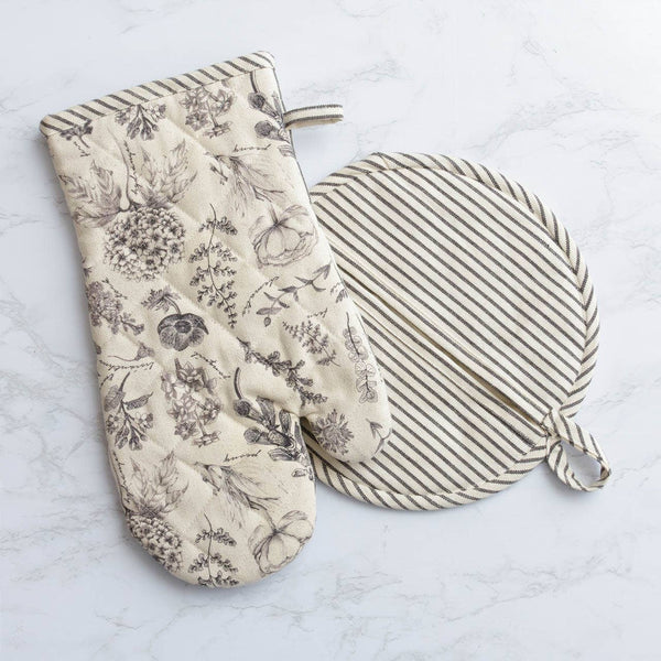 Black and White Botanical Oven Mitt and Pot Holder