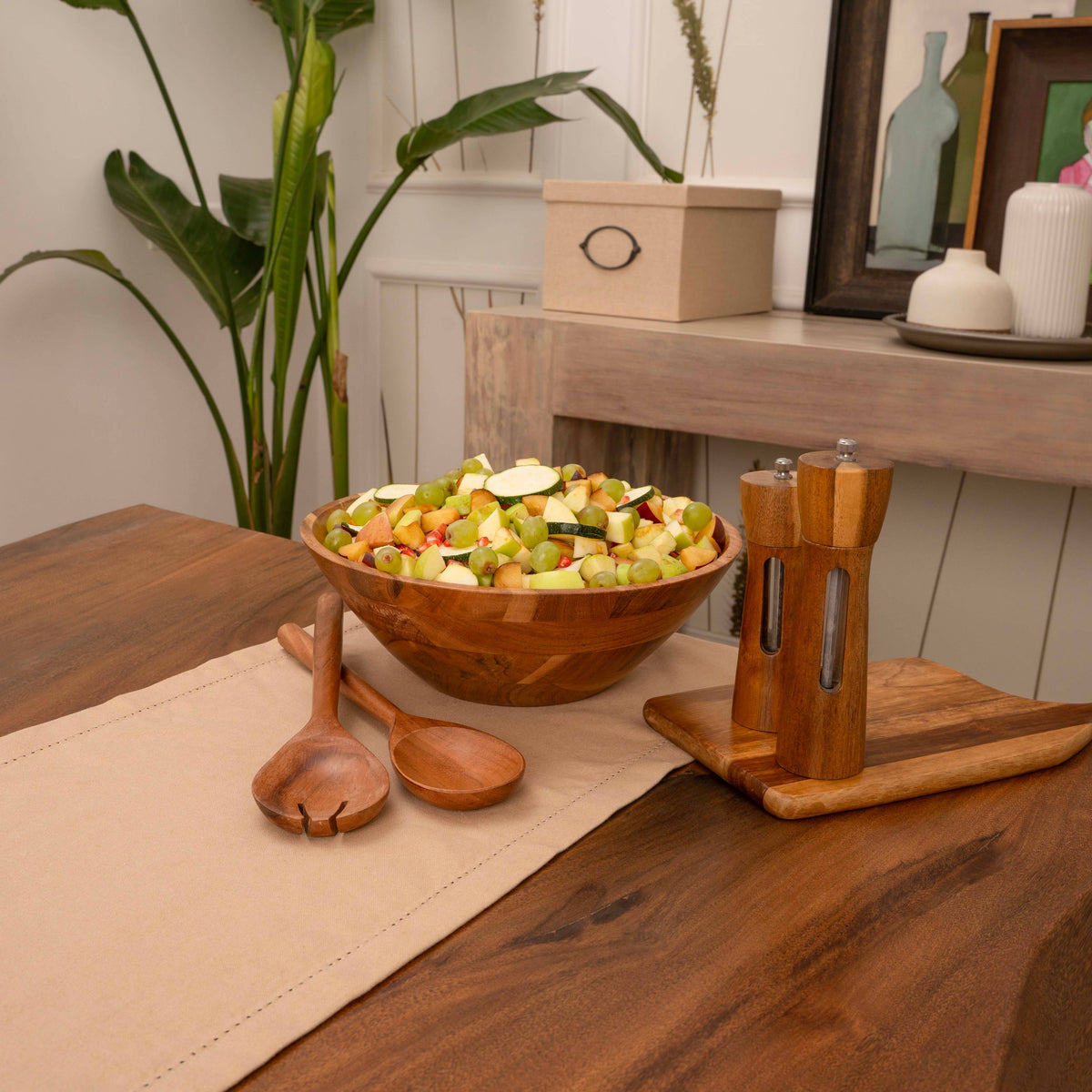 Large Wooden Salad Bowl, 12" Acacia Wood Bowl with Servers