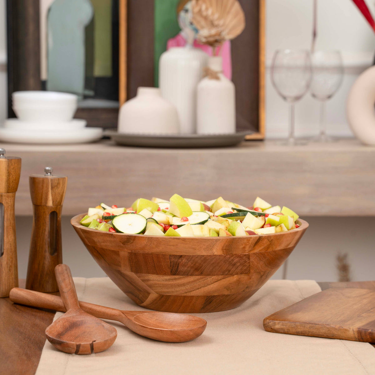 Large Wooden Salad Bowl, 12" Acacia Wood Bowl with Servers