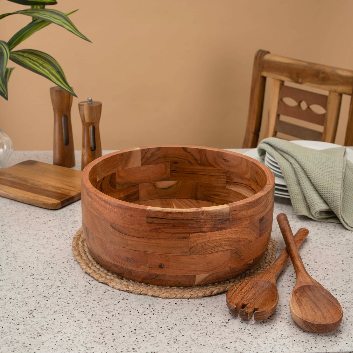 12" Wooden Salad Bowl Set with Serving Utensils by Luxe Designs - Eco-Friendly, Multipurpose Mixing & Serving Bowl for Salads, Pasta, Fruits & More – Durable & Stylish Kitchen Essential