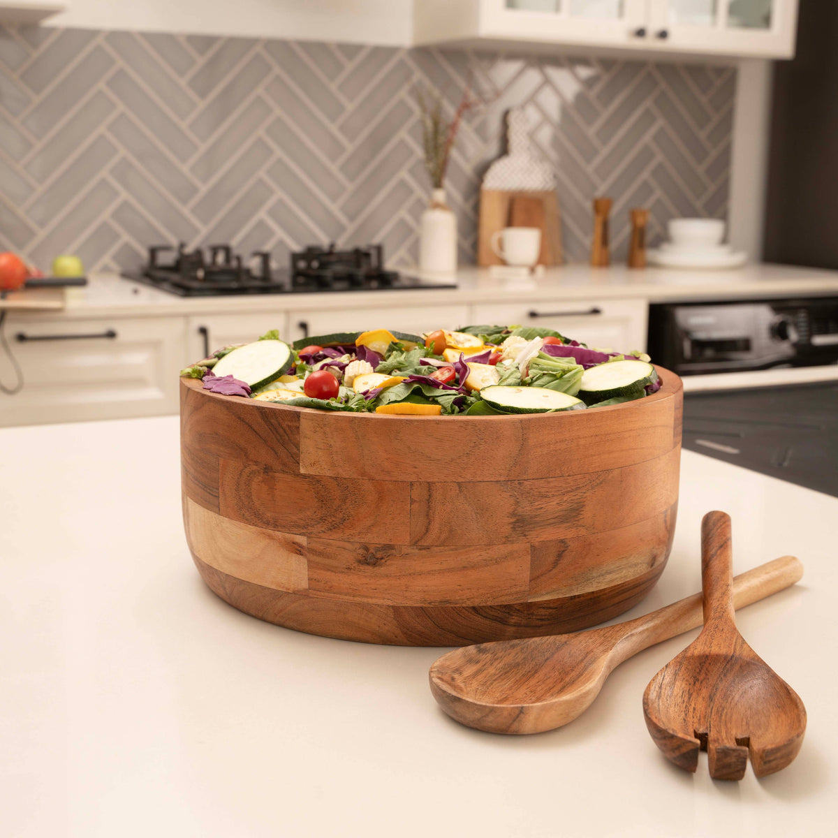 12" Wooden Salad Bowl Set with Serving Utensils by Luxe Designs - Eco-Friendly, Multipurpose Mixing & Serving Bowl for Salads, Pasta, Fruits & More – Durable & Stylish Kitchen Essential