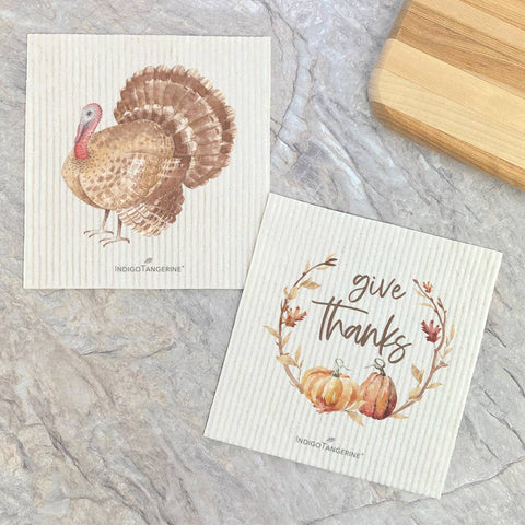 Watercolor Turkey, Give Thanks 2pk - Thanksgiving Dish Cloth