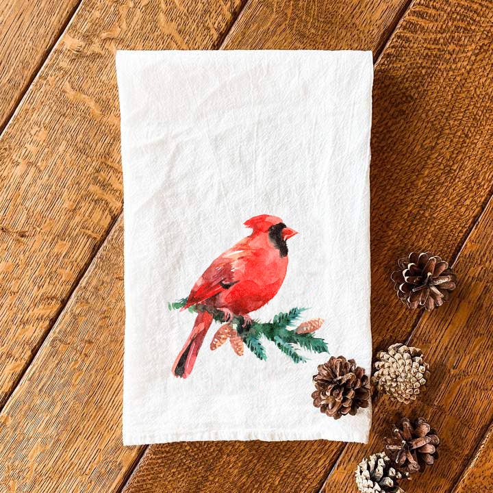 Cardinal on an Evergreen Branch - Winter Tea Towel: With Loop (19" x 28")