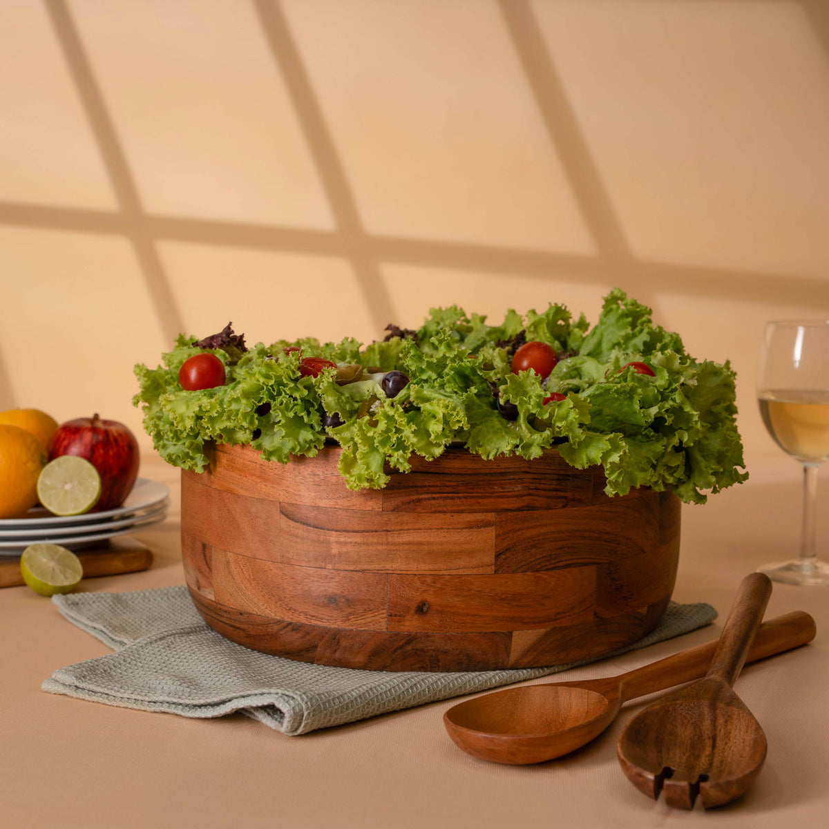 12" Wooden Salad Bowl Set with Serving Utensils by Luxe Designs - Eco-Friendly, Multipurpose Mixing & Serving Bowl for Salads, Pasta, Fruits & More – Durable & Stylish Kitchen Essential