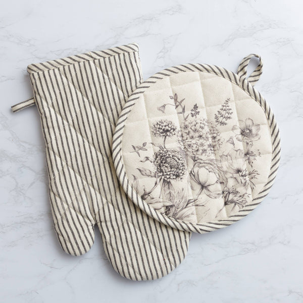 Black and White Botanical Oven Mitt and Pot Holder