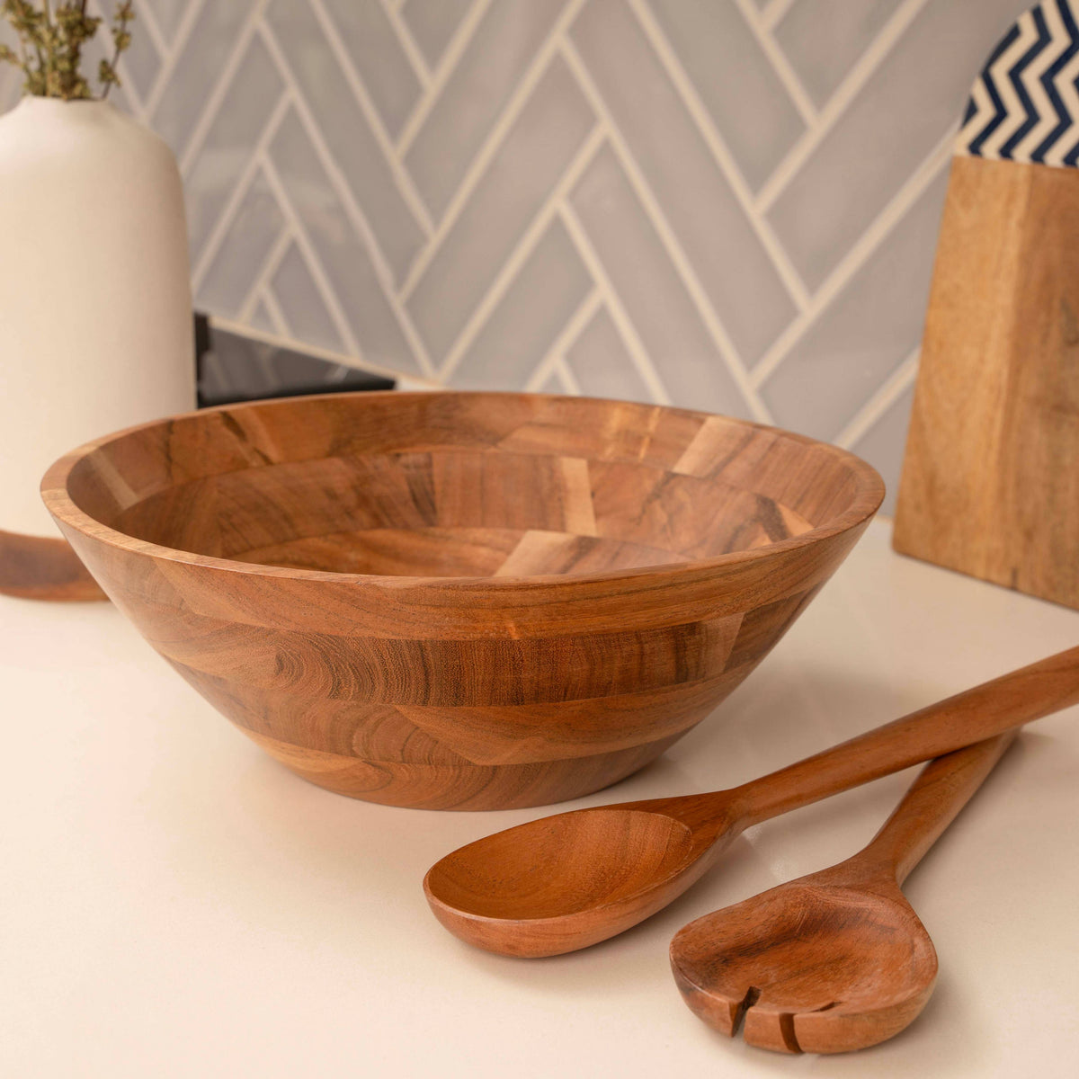 Large Wooden Salad Bowl, 12" Acacia Wood Bowl with Servers