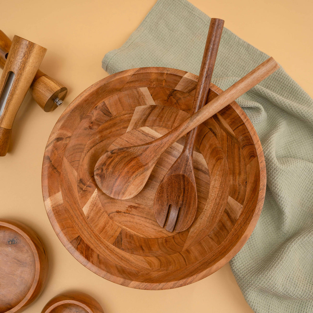 Large Wooden Salad Bowl, 12" Acacia Wood Bowl with Servers