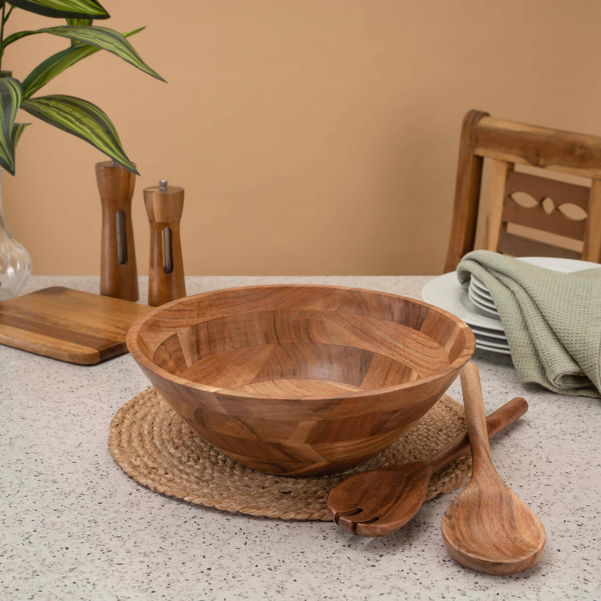 Large Wooden Salad Bowl, 12" Acacia Wood Bowl with Servers