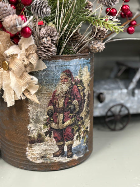 Embellished Vintage Christmas Tin Can