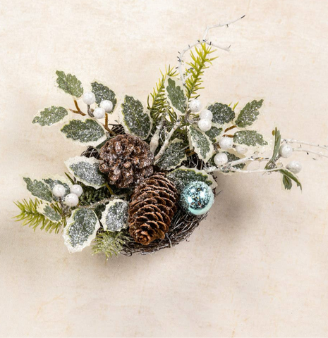 7" ICED HOLLY & CONES BIRDNEST TABLE PIECE