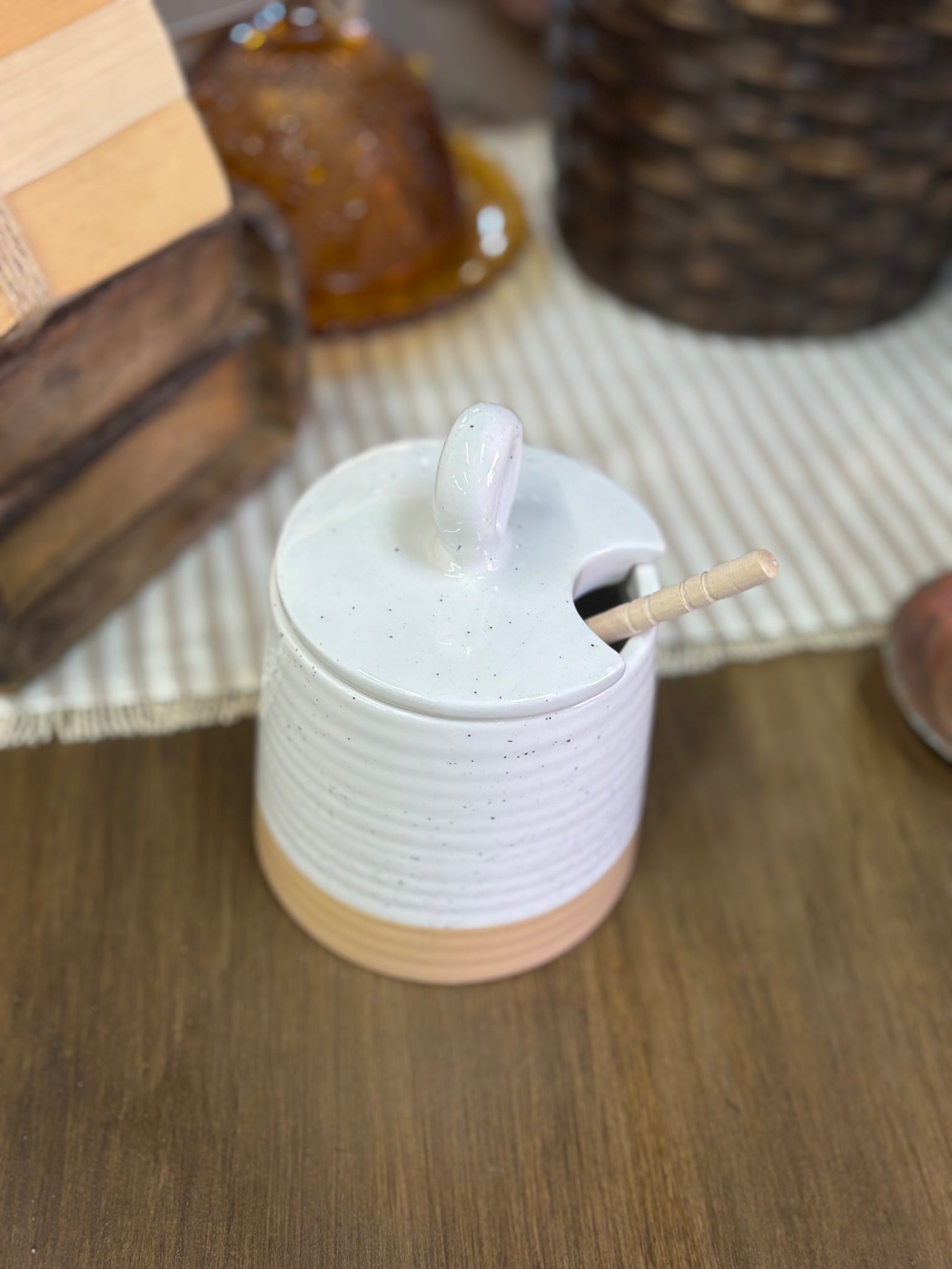 Ceramic Honey Container with Wooden Spoon