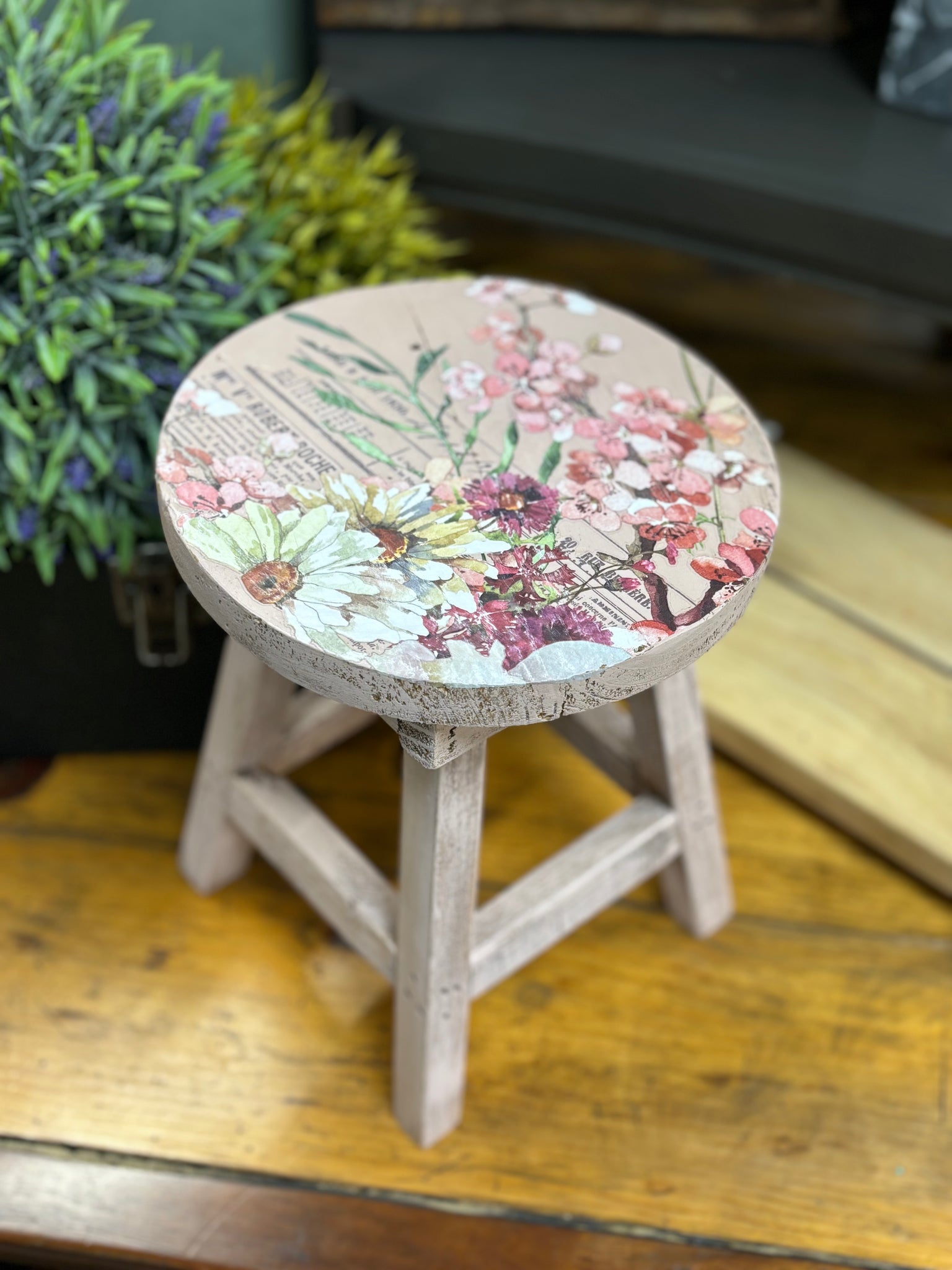 Floral Embellished Wooden Stool/Plant Stand