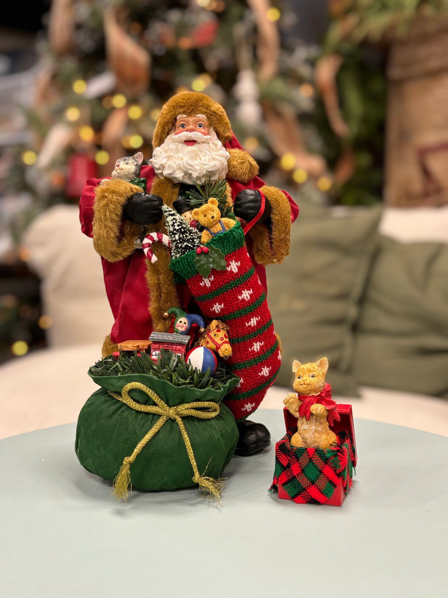 Vintage Santa with Toy Bag and Sweet Cats