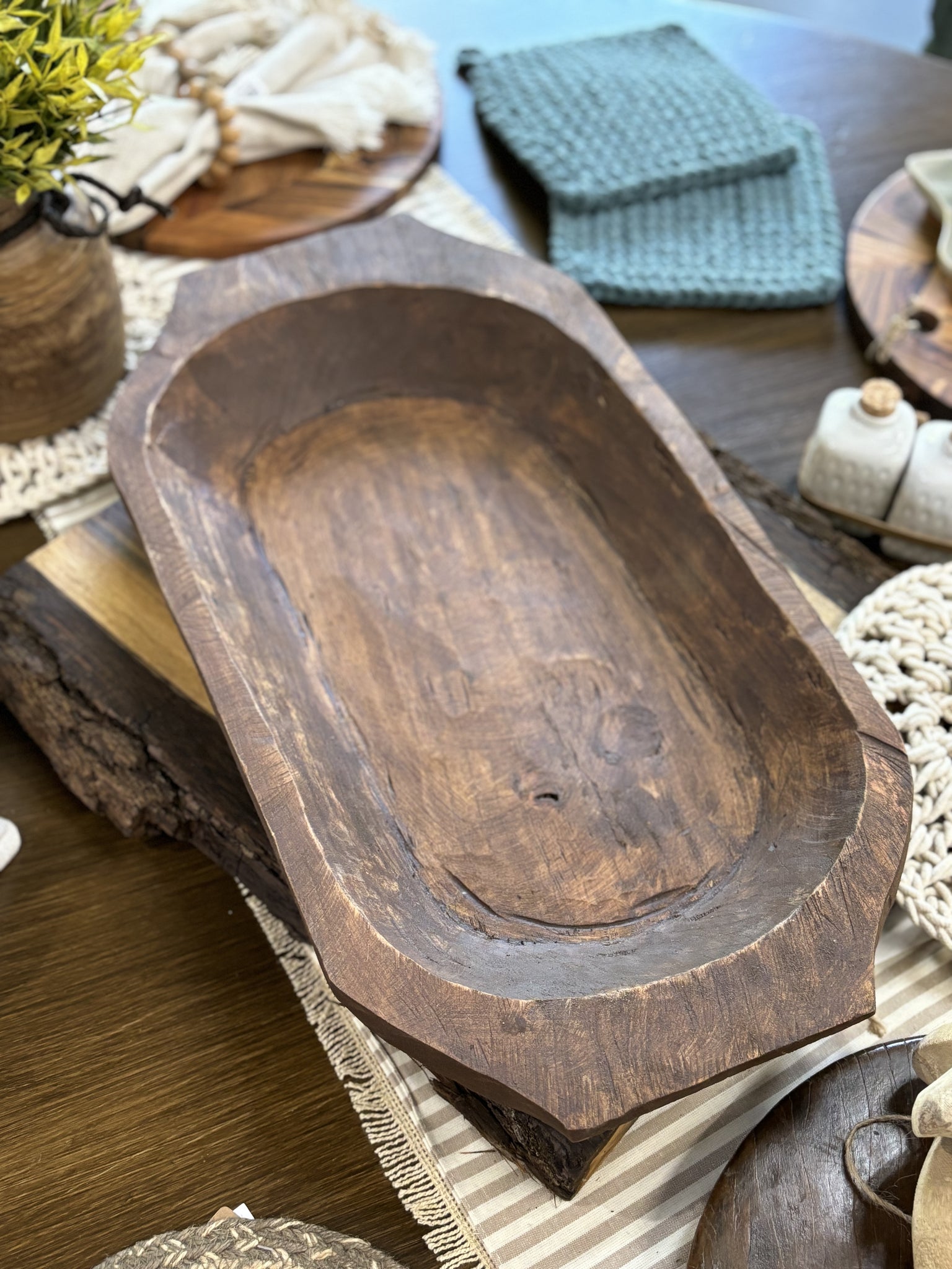 Primitive Wood Oval Bowl w/ Handle