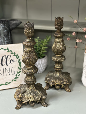 Set of 2 | Vintage Ornate Brass Candle Holders