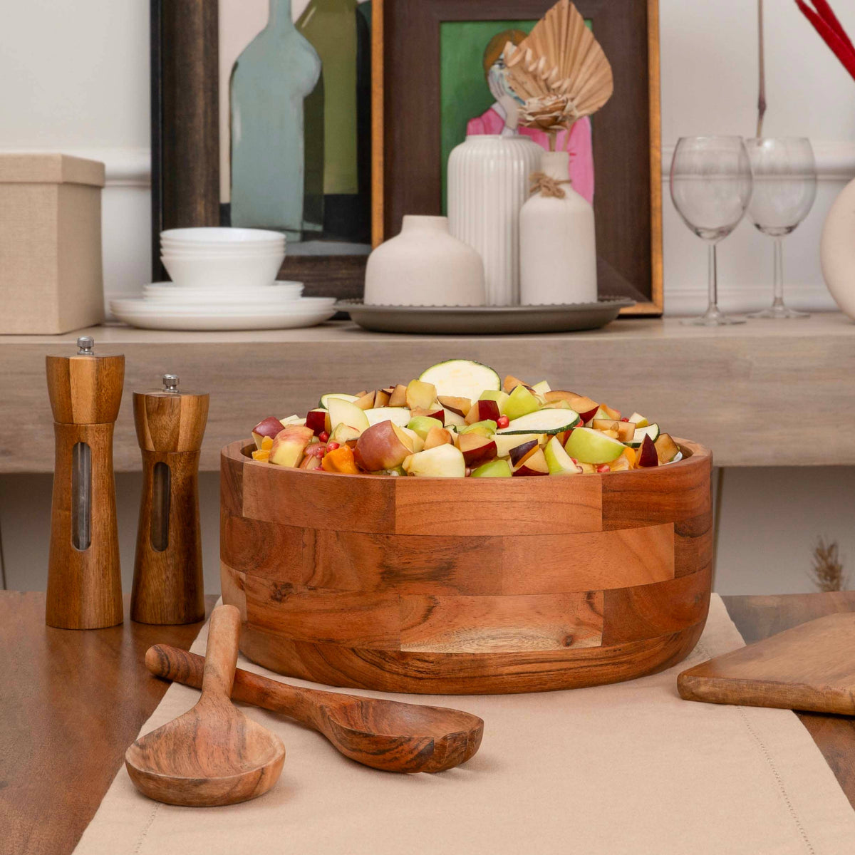 12" Wooden Salad Bowl Set with Serving Utensils by Luxe Designs - Eco-Friendly, Multipurpose Mixing & Serving Bowl for Salads, Pasta, Fruits & More – Durable & Stylish Kitchen Essential