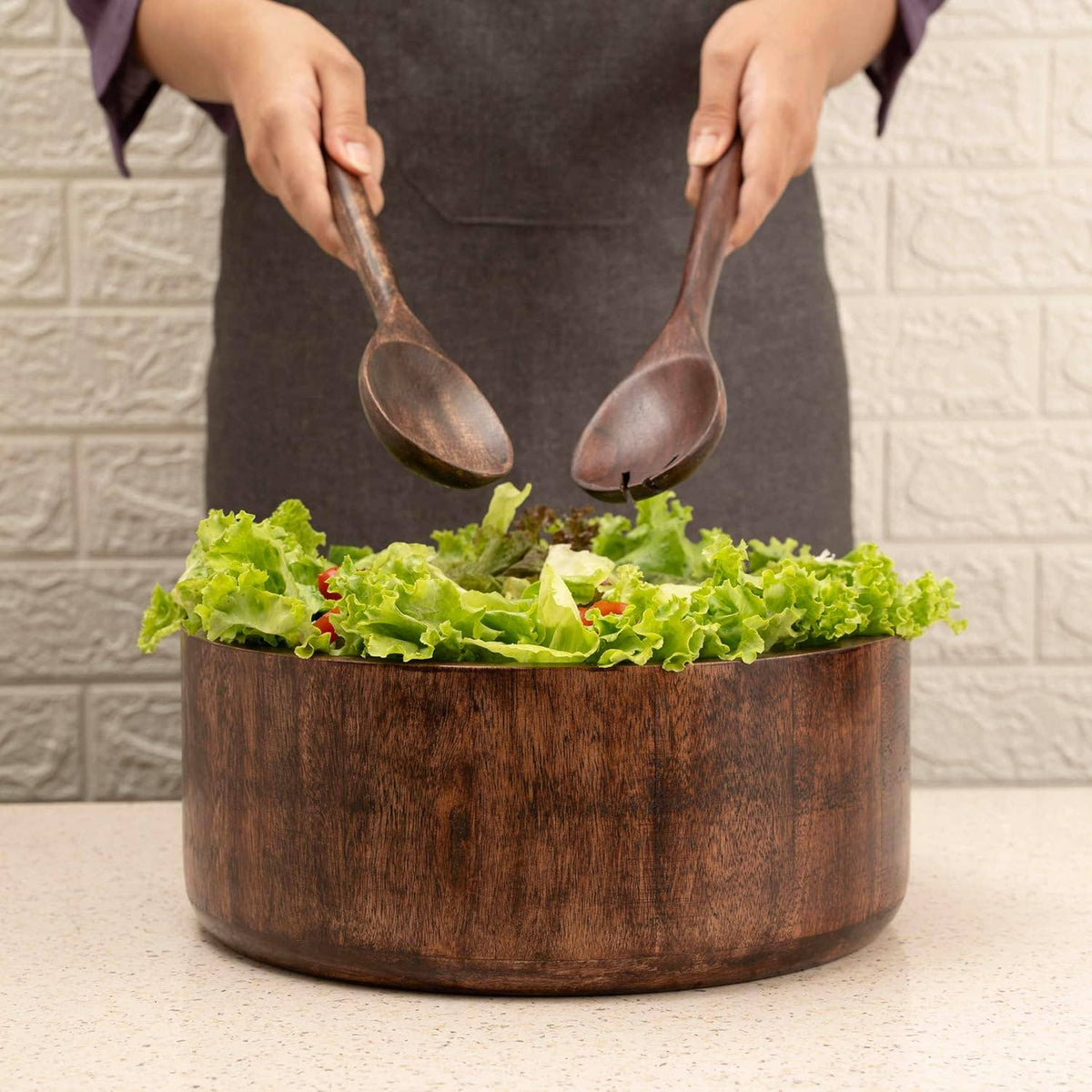 12" Dark Burnt Wooden Salad Bowl Set with Serving Utensils