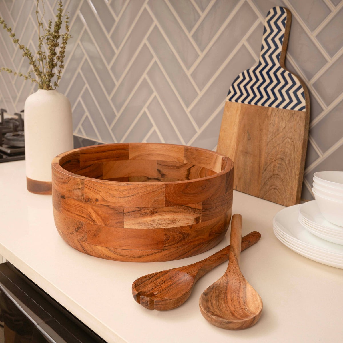 12" Wooden Salad Bowl Set with Serving Utensils by Luxe Designs - Eco-Friendly, Multipurpose Mixing & Serving Bowl for Salads, Pasta, Fruits & More – Durable & Stylish Kitchen Essential