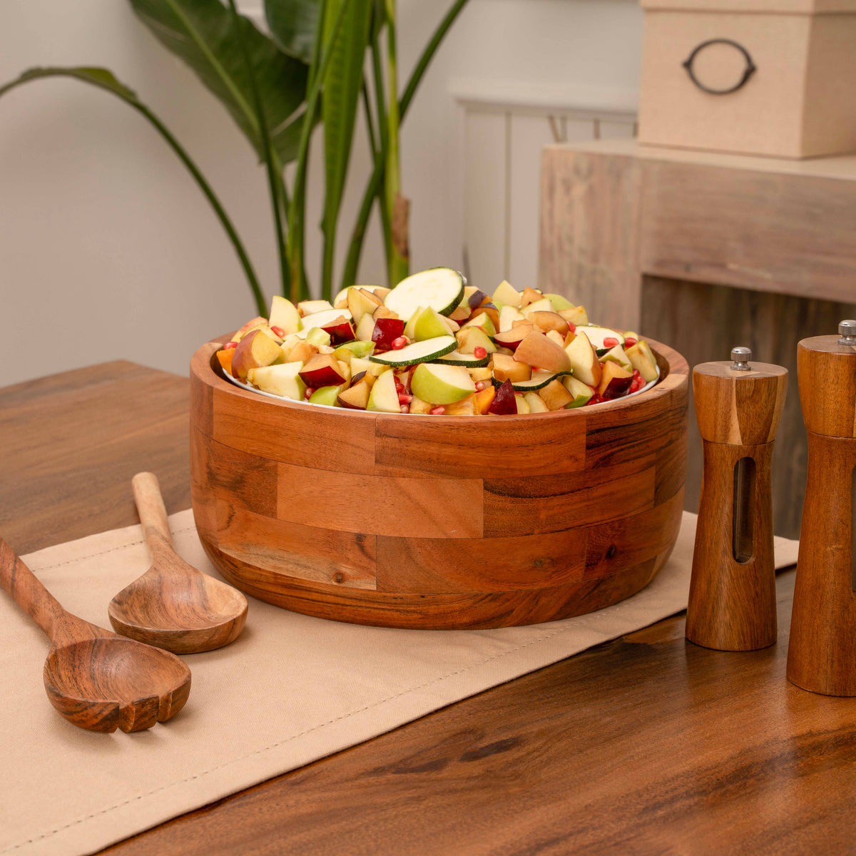 12" Wooden Salad Bowl Set with Serving Utensils by Luxe Designs - Eco-Friendly, Multipurpose Mixing & Serving Bowl for Salads, Pasta, Fruits & More – Durable & Stylish Kitchen Essential