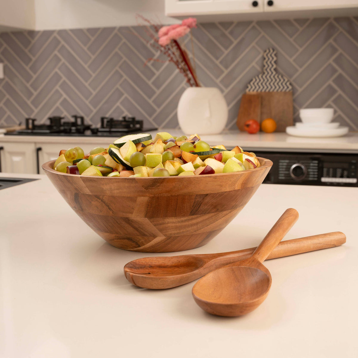 Large Wooden Salad Bowl, 12" Acacia Wood Bowl with Servers