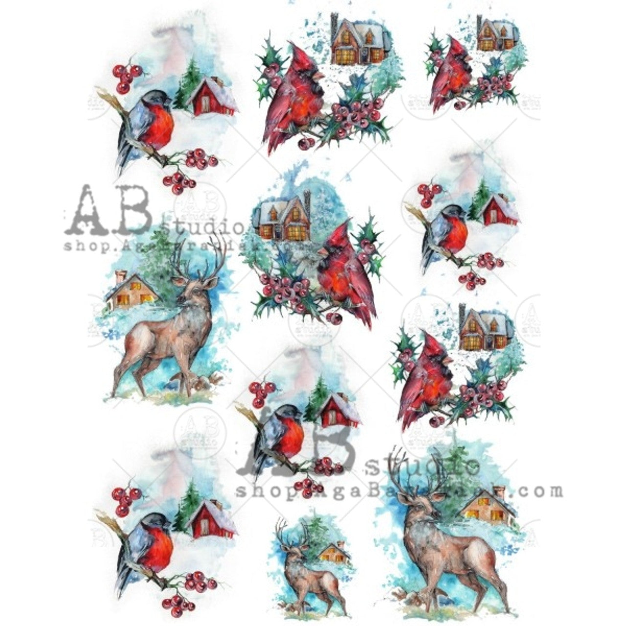 AB Studios Cardinal and Deer Watercolor Scenes Rice Paper A4 0446