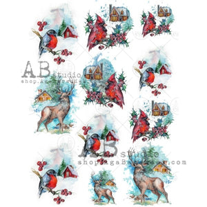 AB Studios Cardinal and Deer Watercolor Scenes Rice Paper A4 0446