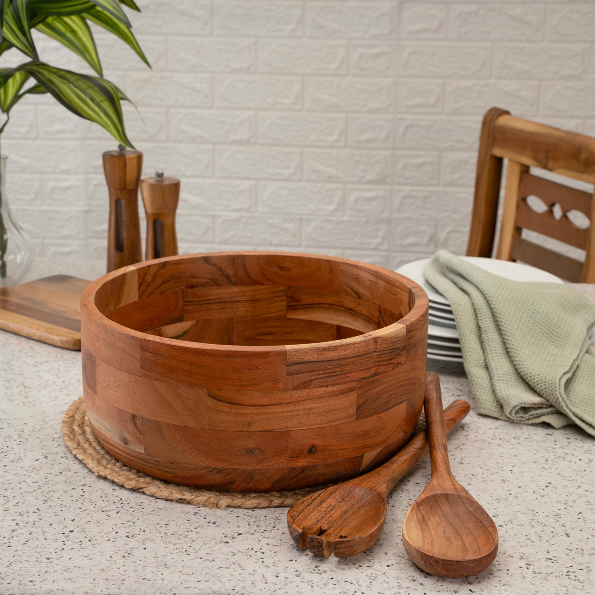 12" Wooden Salad Bowl Set with Serving Utensils by Luxe Designs - Eco-Friendly, Multipurpose Mixing & Serving Bowl for Salads, Pasta, Fruits & More – Durable & Stylish Kitchen Essential