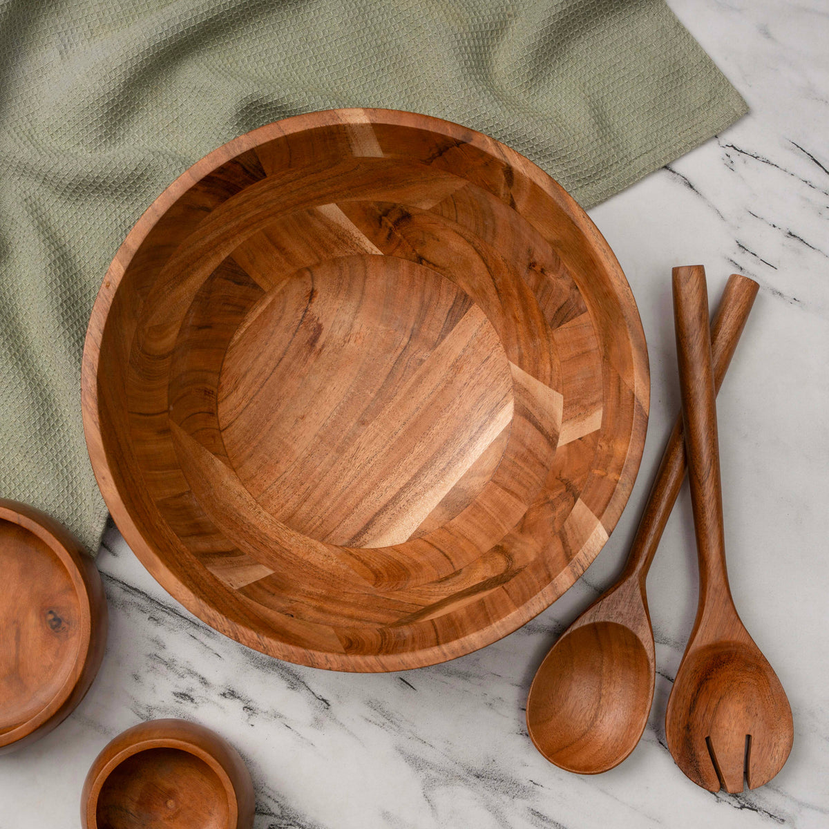 Large Wooden Salad Bowl, 12" Acacia Wood Bowl with Servers