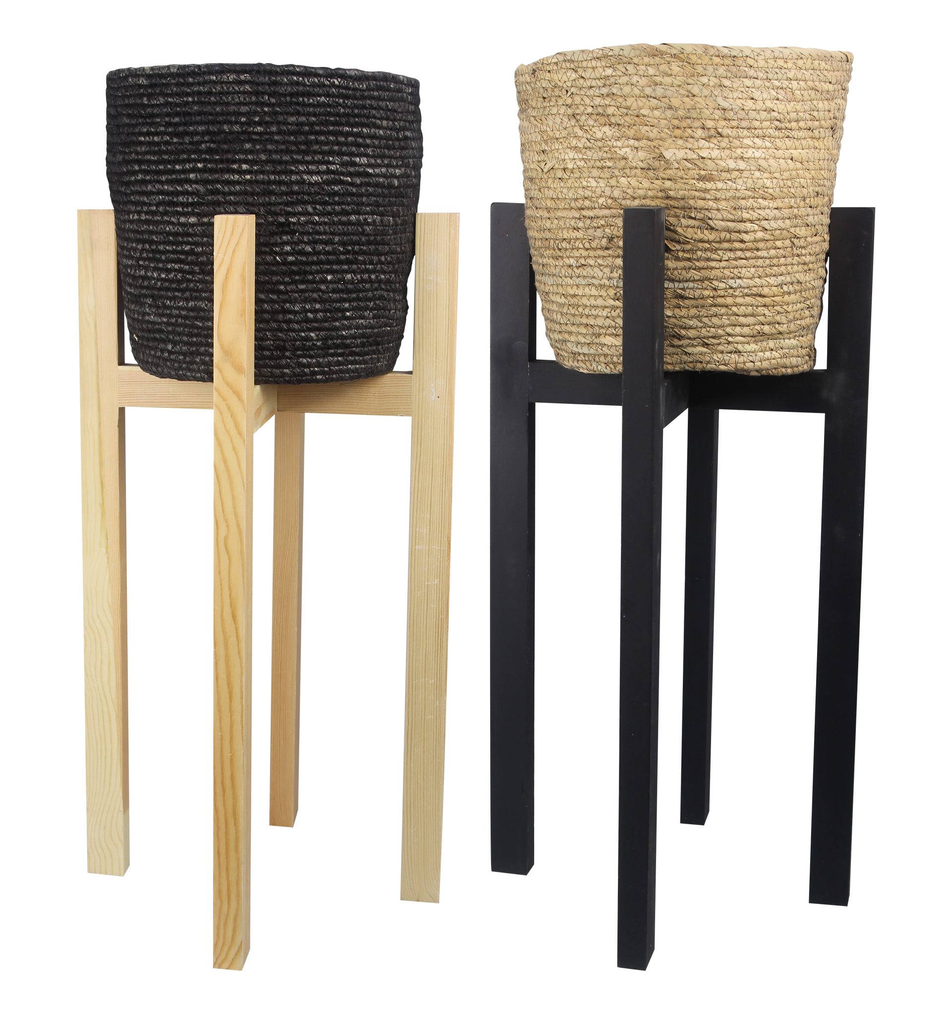 Woven planter, natural basket with black stand