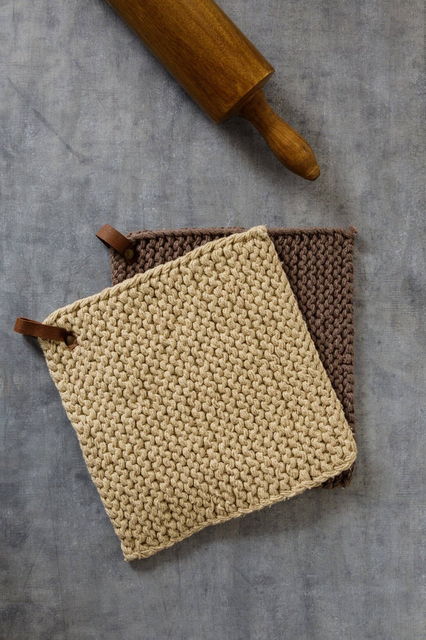 Knitted Pot Holders - Gray And Tan (PK/2 AST)