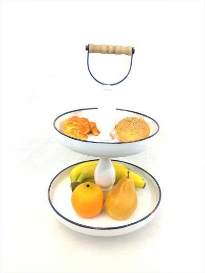 Two Tiered Serving Tray w/ Wood Handle and Blue Trim