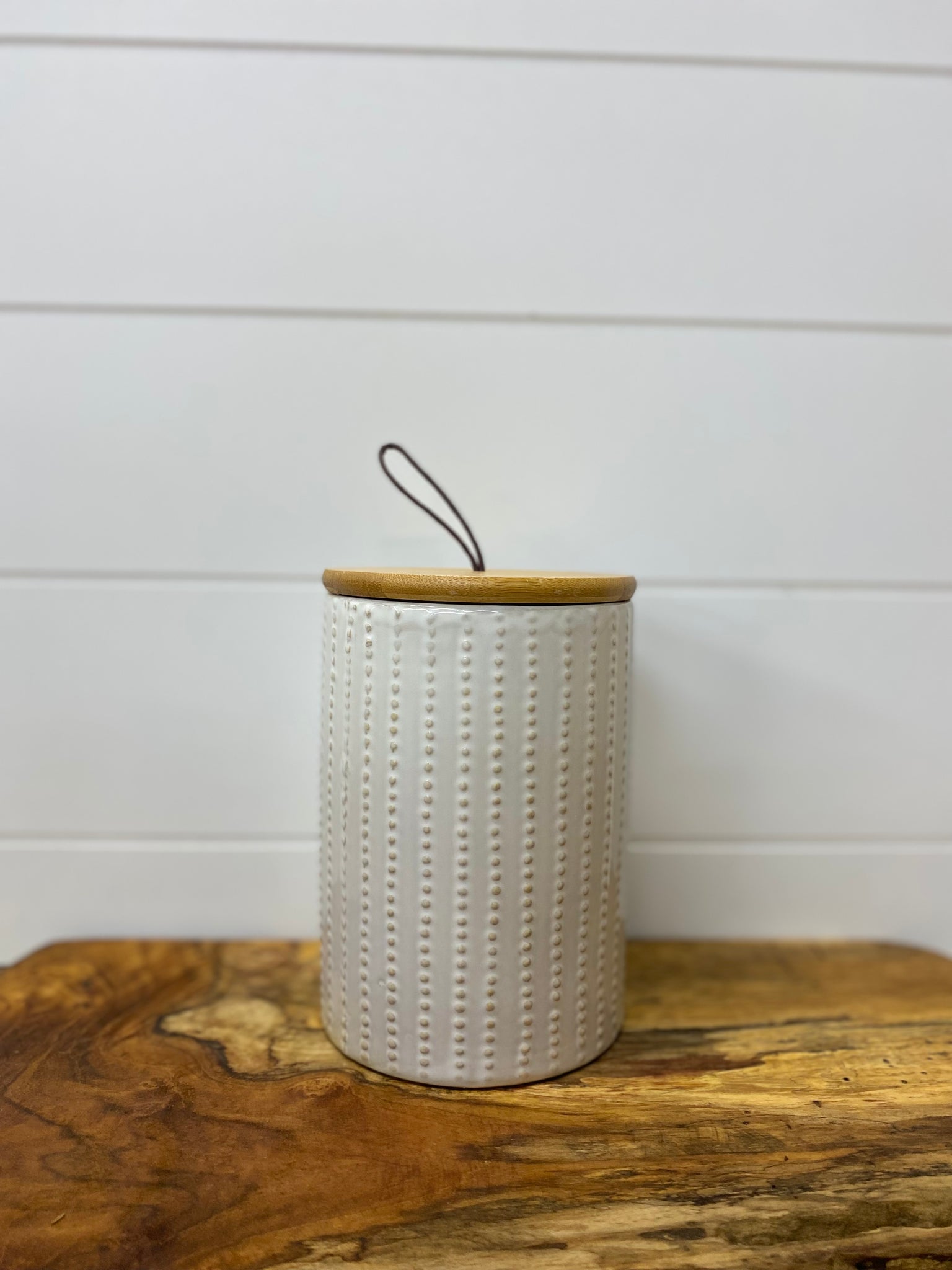 White Ceramic Canister w/ Wooden Lid
