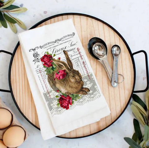 Vintage French Bunny with Roses | Tea Towel