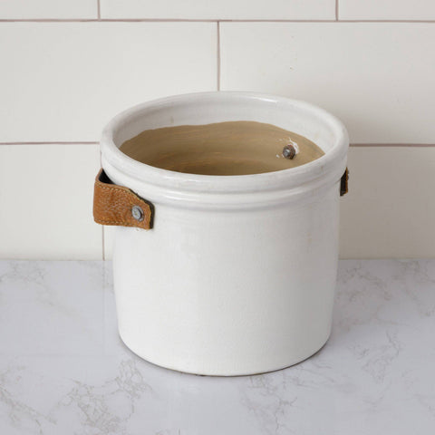 White Ceramic Crock With Faux Leather Handles