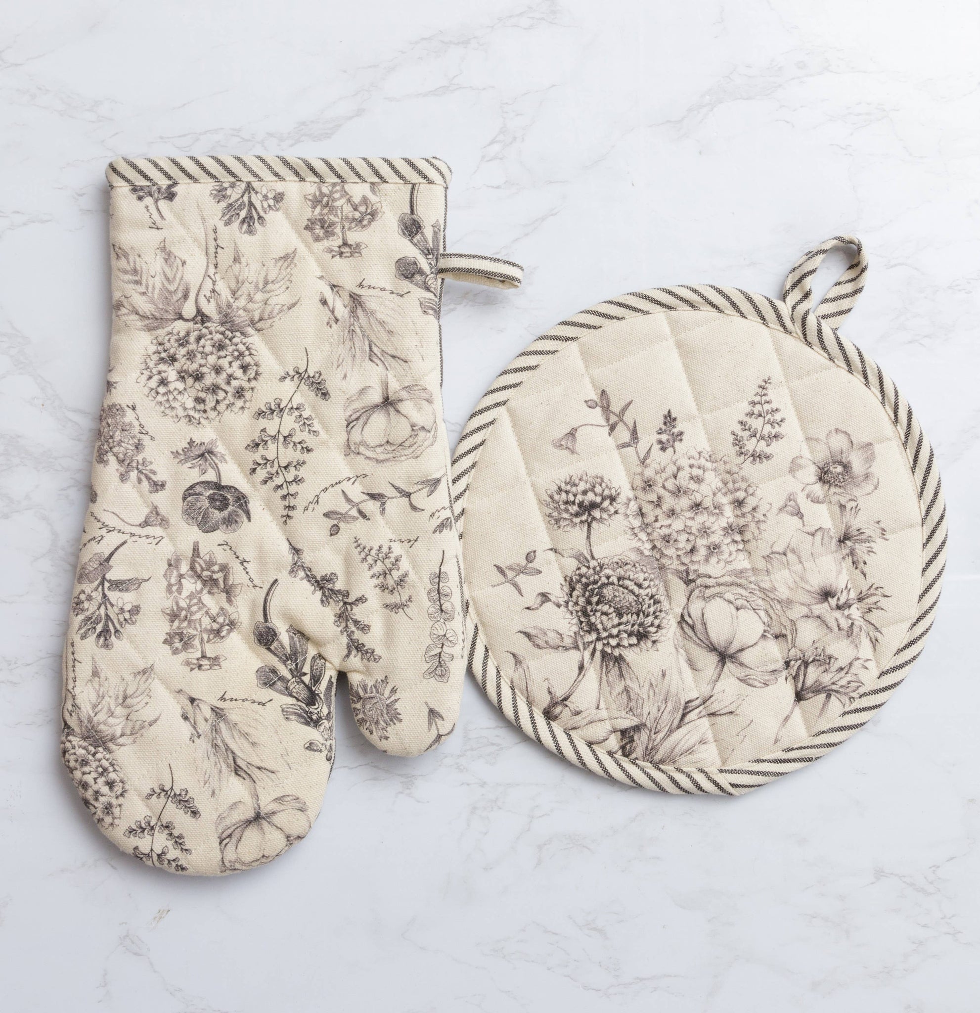 Black and White Botanical Oven Mitt and Pot Holder