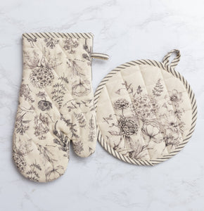 Black and White Botanical Oven Mitt and Pot Holder