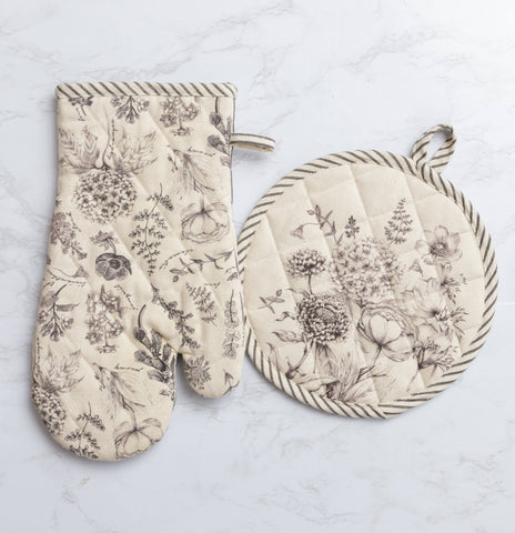 Black and White Botanical Oven Mitt and Pot Holder